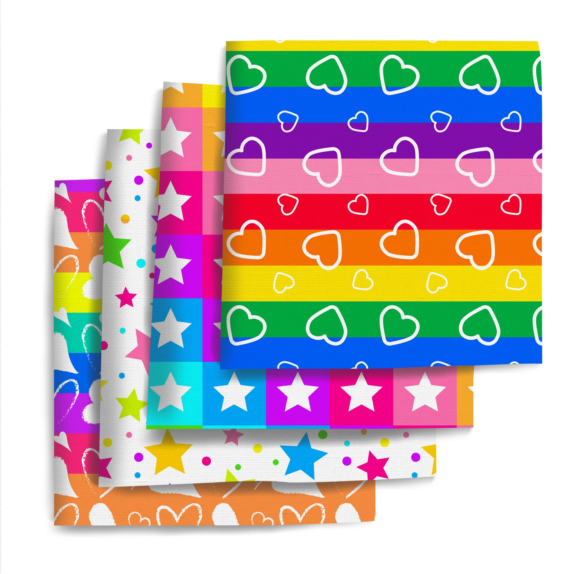 Pre-cut Vibrant Colorful Star Heart Print Patterns Polyester Fabric Bundle, 4pcs/set 7.87x7.87 Inches (20x20cm), Ideal
