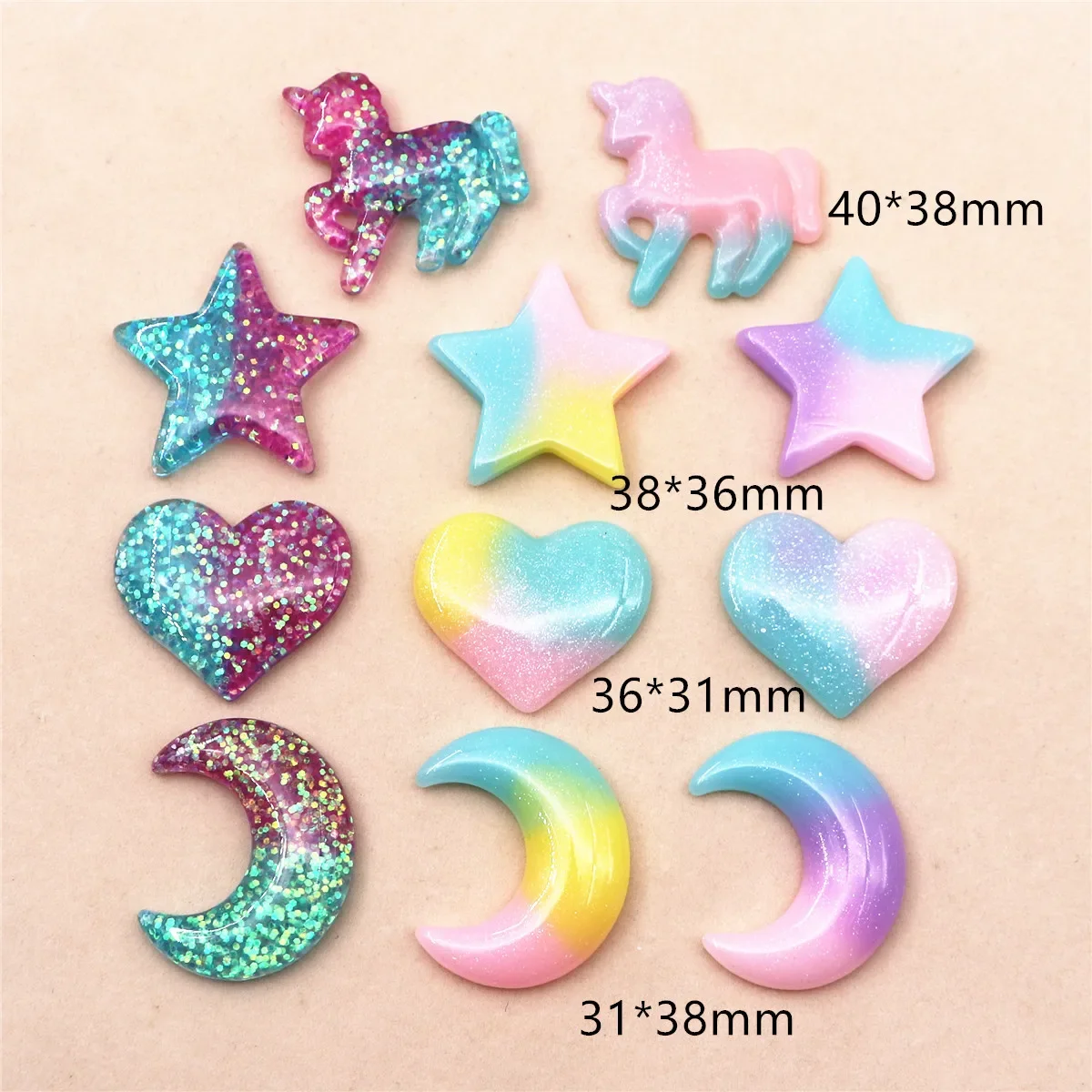 10pcs Adorable Resin Glitter Five Star/Heart/Moon/Unicorn Flat Back Cabochon Craft Diy Decoration Accessories