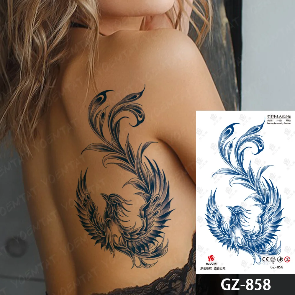 Semi-Permanent Chinese Phoenix Carp Waterproof Temporary Tattoo Stickers Juice Ink Lasting Herbal Fake Back Tattoos Women Men