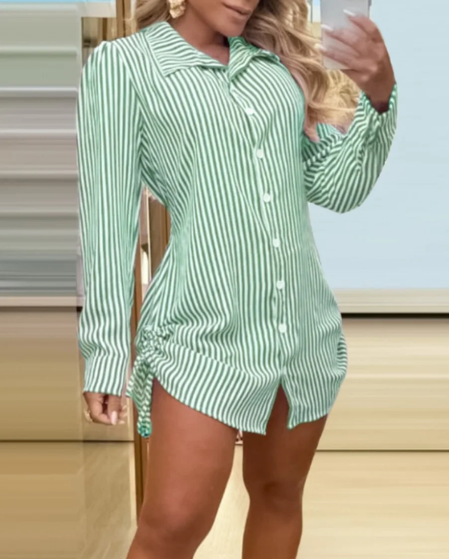 Spring Autumn Sexy Drawstring Shirt Dress For Women Fashion Striped Print Full Sleeve Button Mini Dresses 2024 New Long Shirt