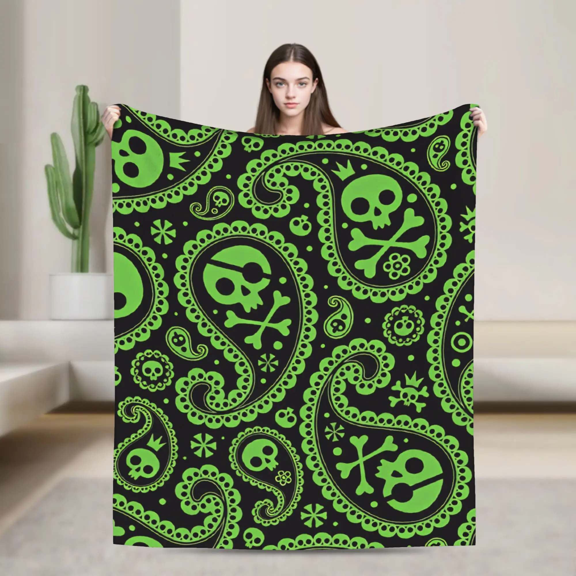 Comfortable Throw Blanket Plane Travel Navy Blue Paisley Skull Floral Seamless Pattern White Ornament Blanket  Flannel Bedspread