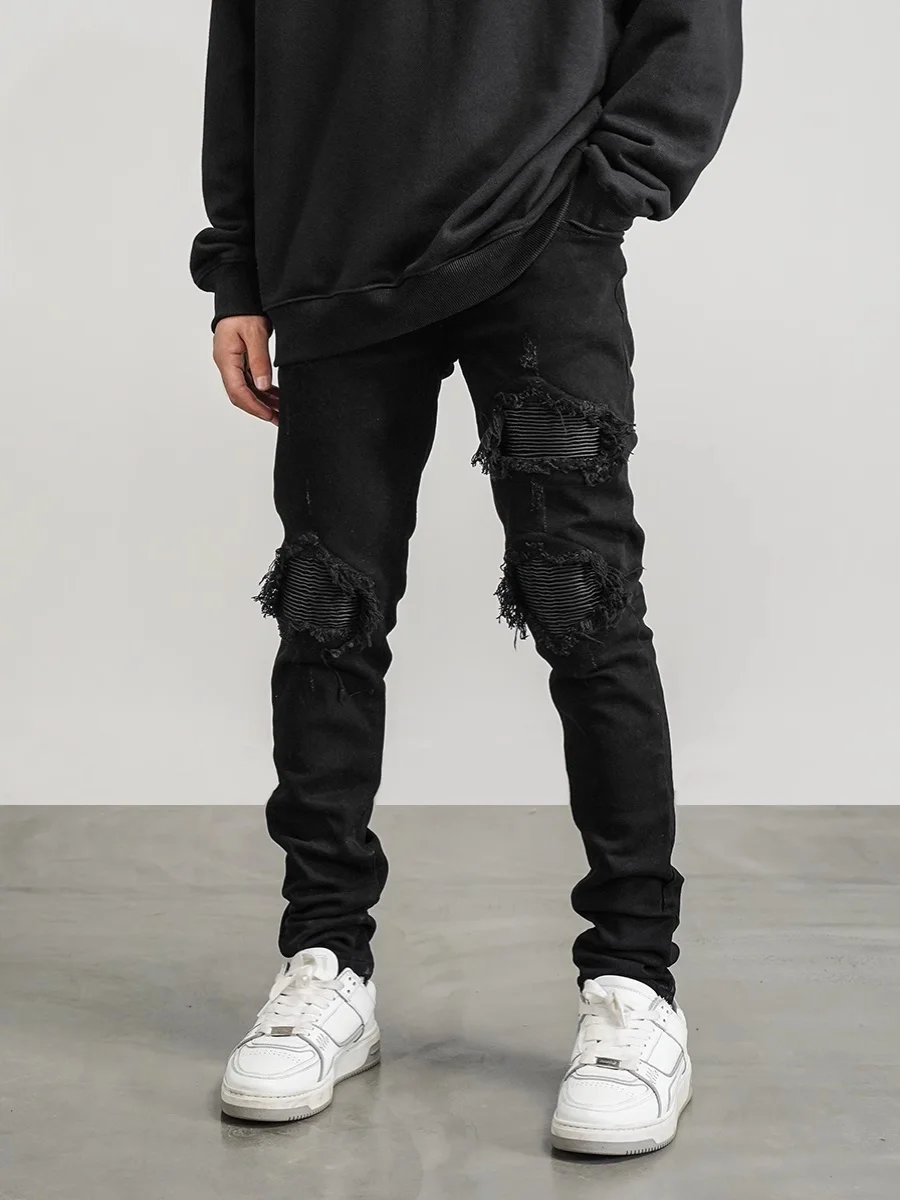 

American High Street Vibe Men's Slim Fit Jeans Repair Patch Hole Design Casual Retro Cotton Stretch Denim mid Waist Long Pants