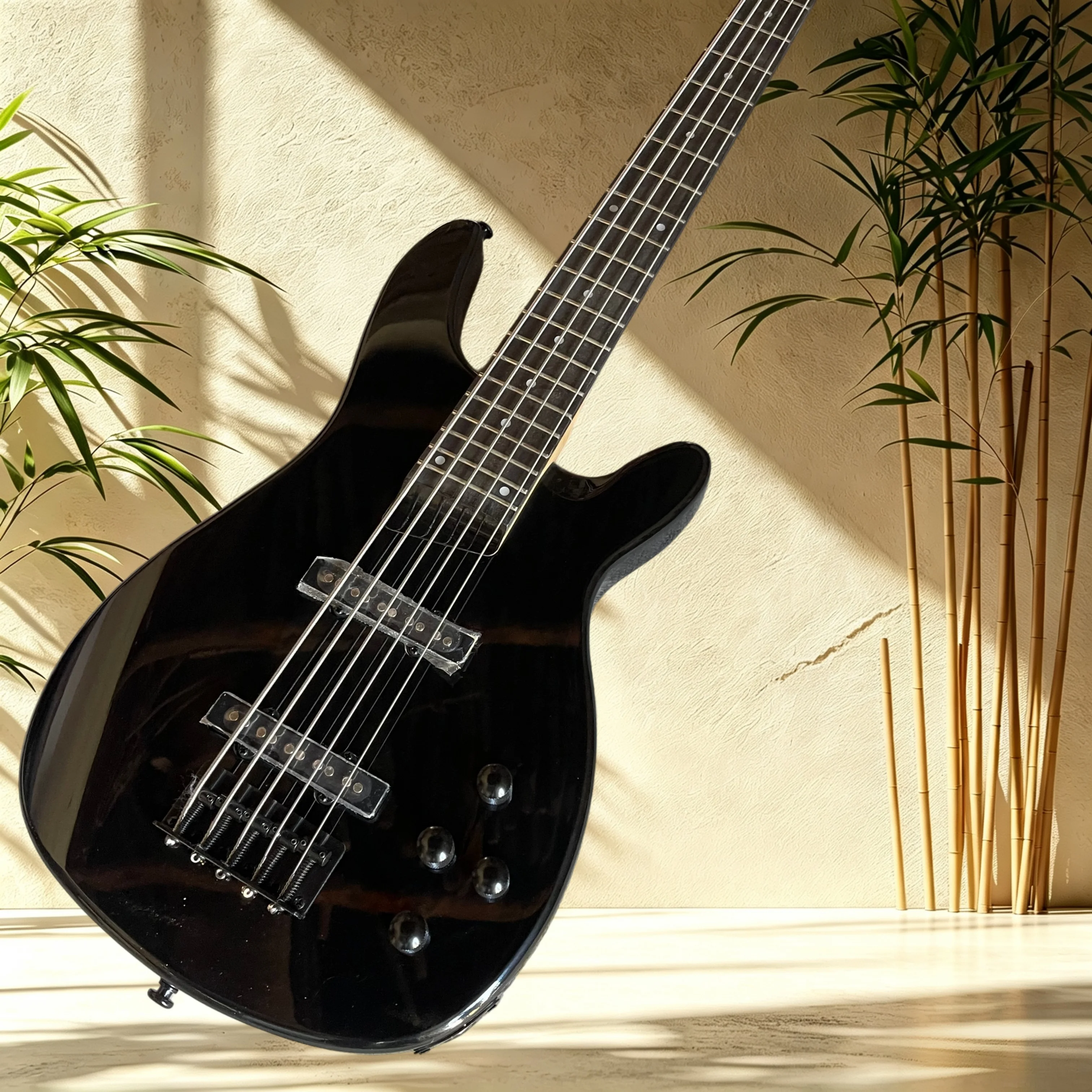 All Black 5 String Electric Bass Dual Pickup Black Hardware Wide Low Range Metal Rock Funk Band Bass Guitar Free Shipping