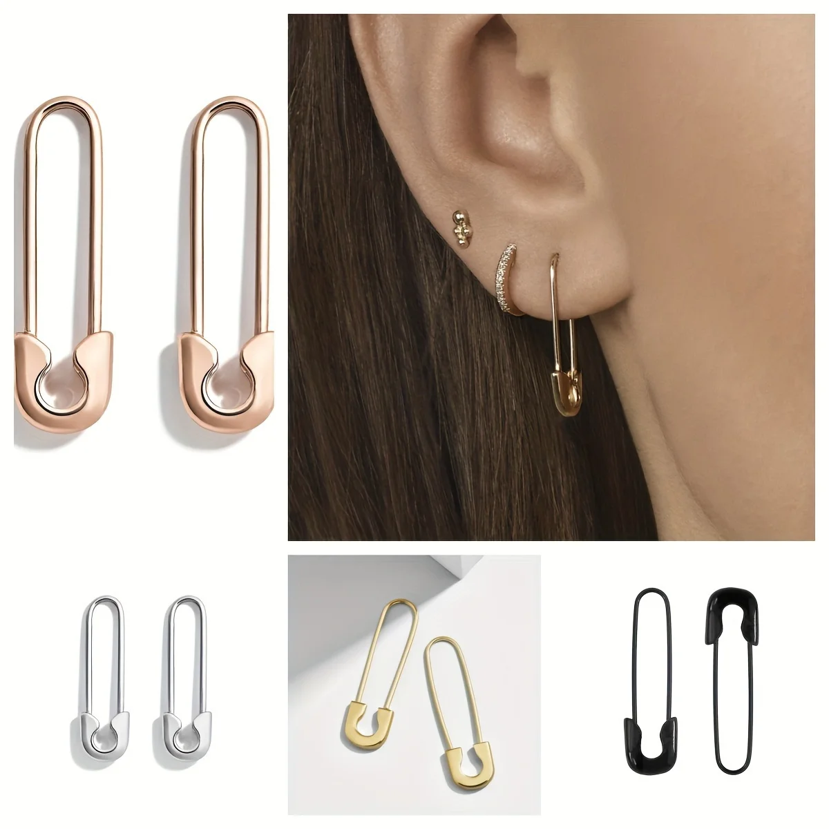 316L Stainless Steel Safety Pin Hoop Earrings, Tarnish Resistant Antiallergenic Paperclip Design Earrings for Women Daily Wear,