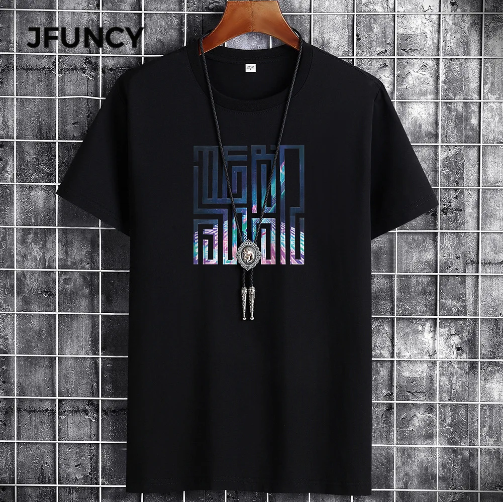 JFUNCY Men's Oversized Cotton T-Shirt Loose Fit Summer Style Casual Comfortable Drawstring Design Hand-Painted Customization