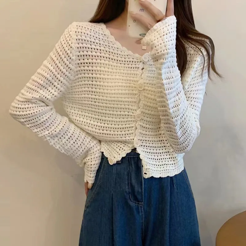 Women Buttons Up Short Cardigan Coat Knitted Hollow Out Smock Top Long Sleeved Thin Summer T-shirt Ruffles Casual Shirt E2775