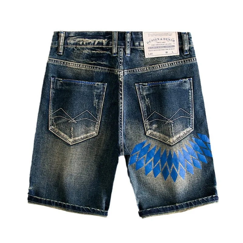 Summer Fashion Vintage Men Jeans Retro Washed Blue Stretch Slim Fit Ripped Short Jeans Printed Designer Hip Hop Denim Shorts Men