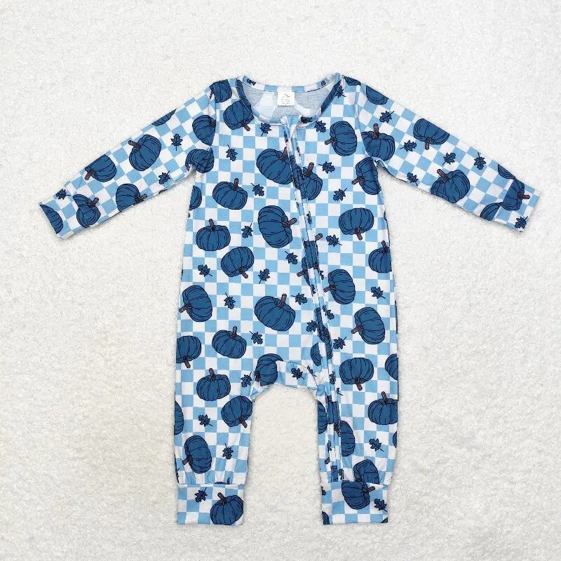8.21 Bamboo Fly Blue Pumpkin Leaf Plaid Zipper Long Sleeve Onesie Winter Boys Baby Romper Wholesale Boutique