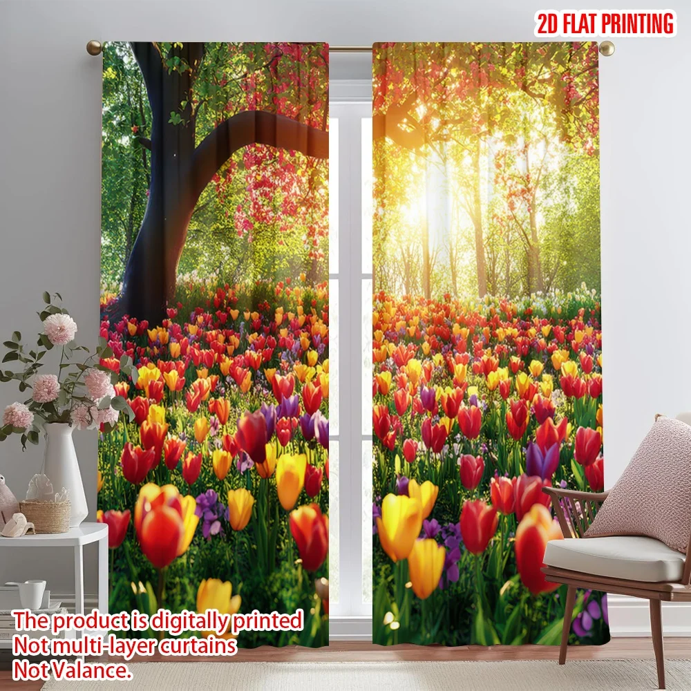 

2D flat printing 2pcs Curtains Spring Tulip Meadow Digital Printed Polyester Drapes Seasonal Party & Holiday Decor for Home &