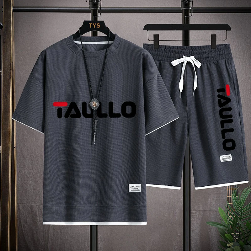 2025 Brand Men's Sports and Leisure Loose Waffle Short Sleeve Set Summer T-shirt+Shorts Korean Handsome Couple's Wear European S