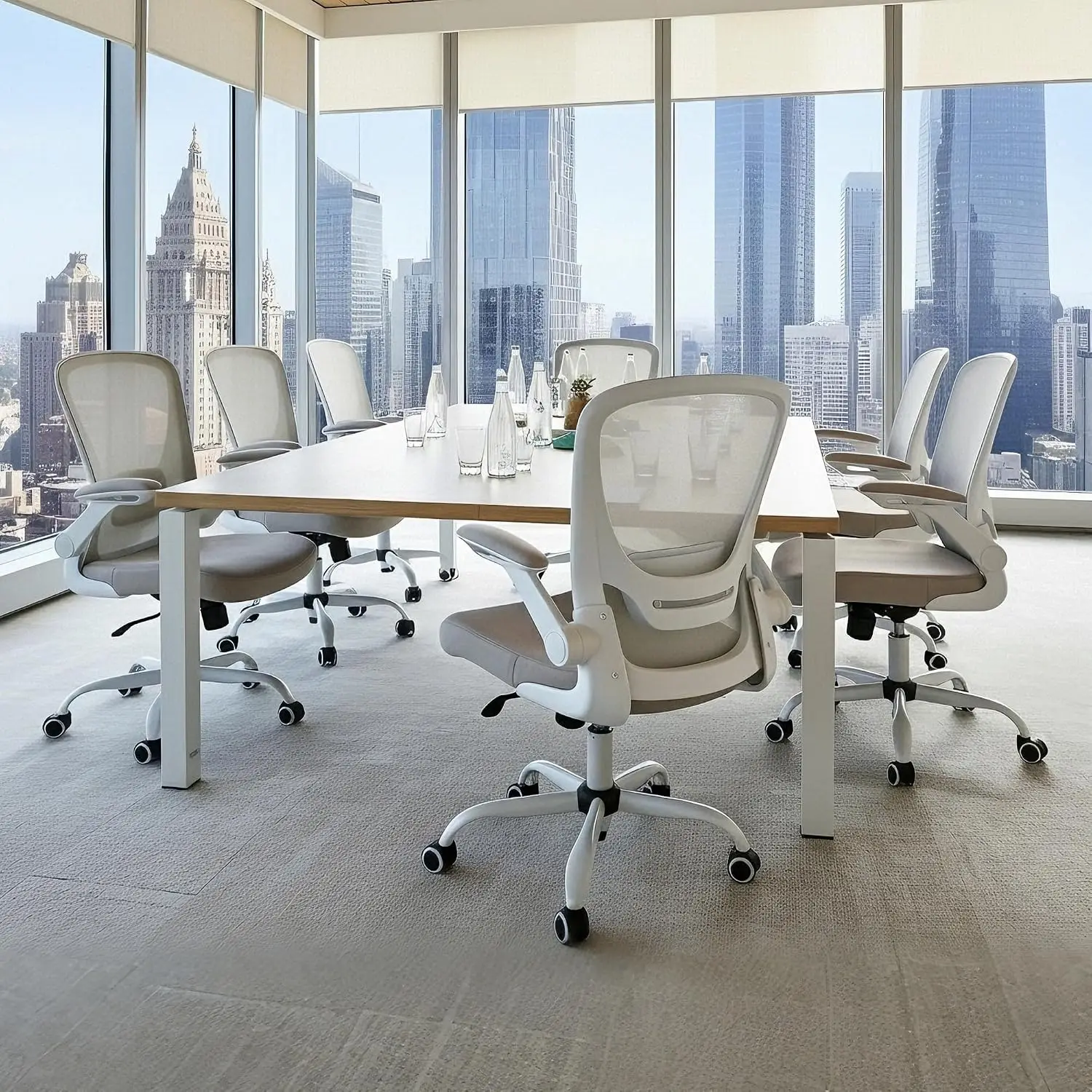 Mesh Office Chair Set of 3 with Wheels Adjustable Lumbar Support Flip-Up Arms Rolling Computer Desk Chair Gray