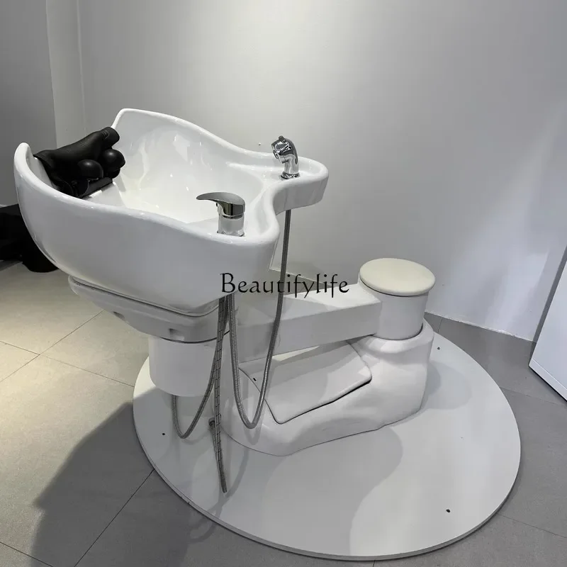 06High-End Barber Shop Punch Bed Movable Beauty Salon Multifunctional Rotating Electric Shampoo Chair