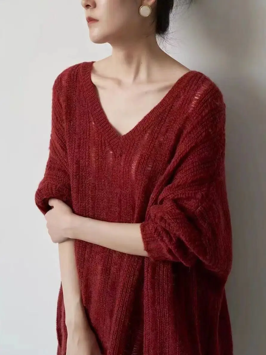 

Корейская версия, весна и осень, новый вязаный свитер в ленивом стиле, свободный повседневный тонкий вязаный свитер с открытыми плечами и куриным сердечком