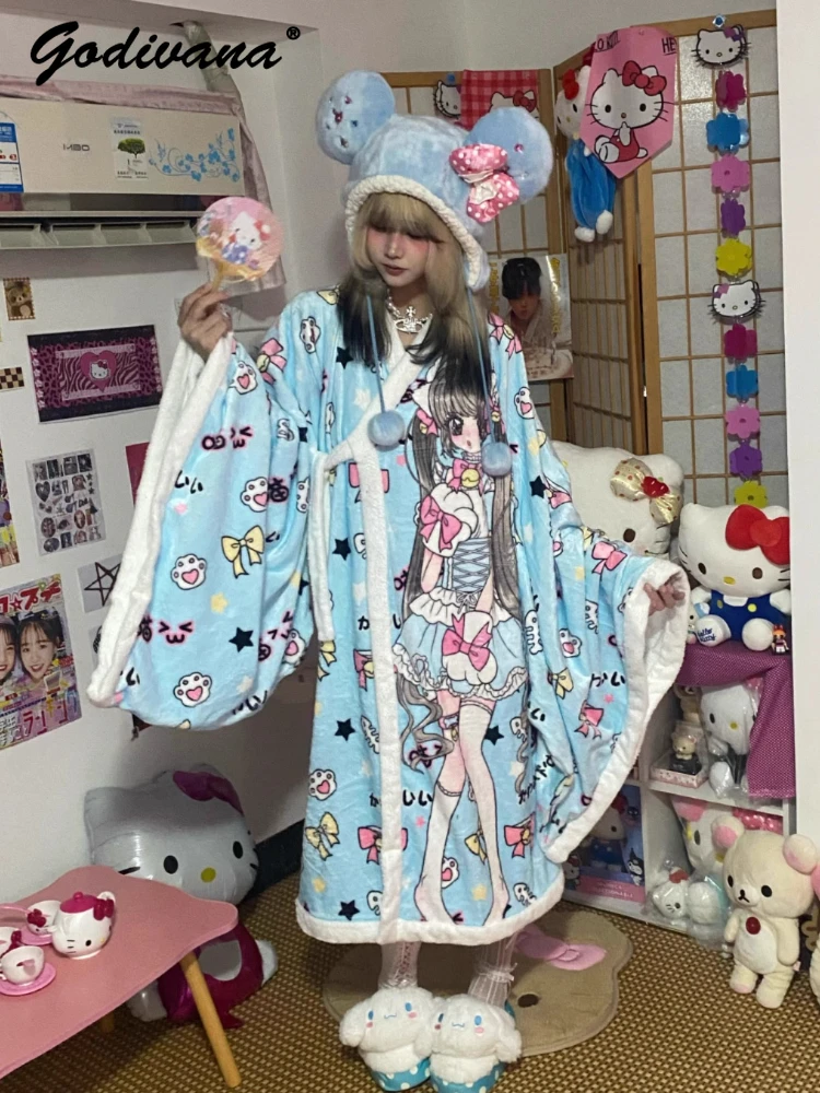 

Original New Winter Long Sleeve Flannel Bathrobe Sleepwear Cute Anime Print Loose Home Wear Subculture Pajamas Nightgown