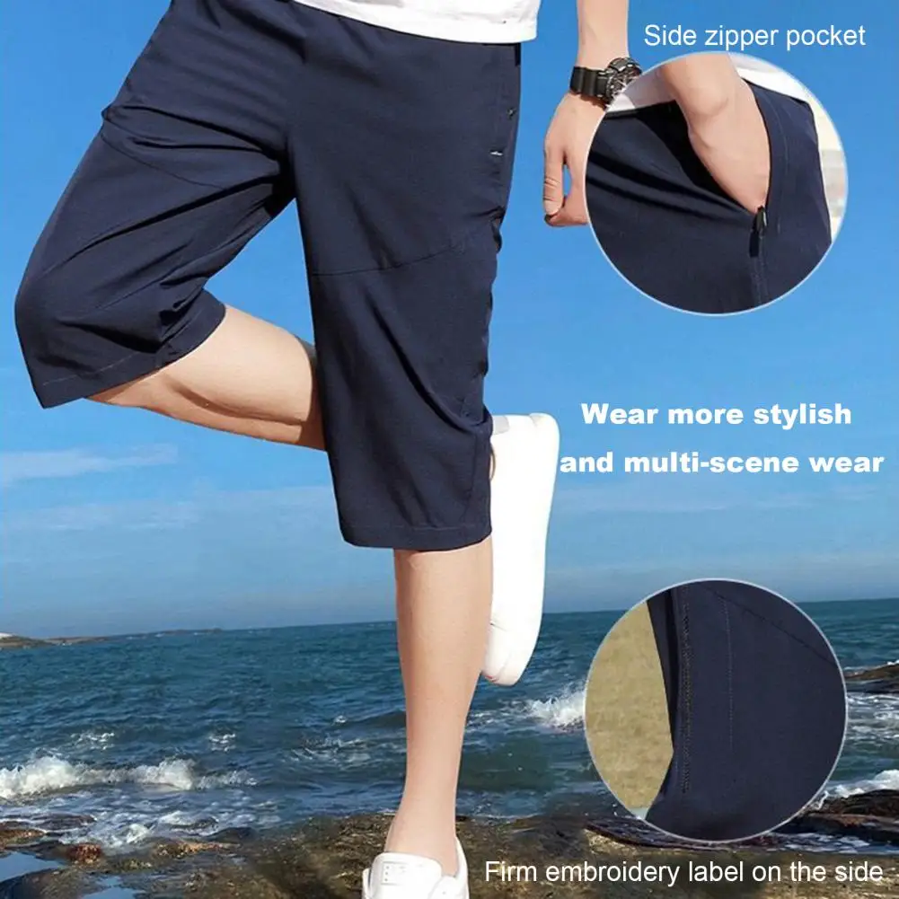 Men Cropped Pants Elastic Waist Loose Ice Silk Zipper Pockets Solid Color Soft Breathable Mid Waist Men Mid-calf Length Trousers
