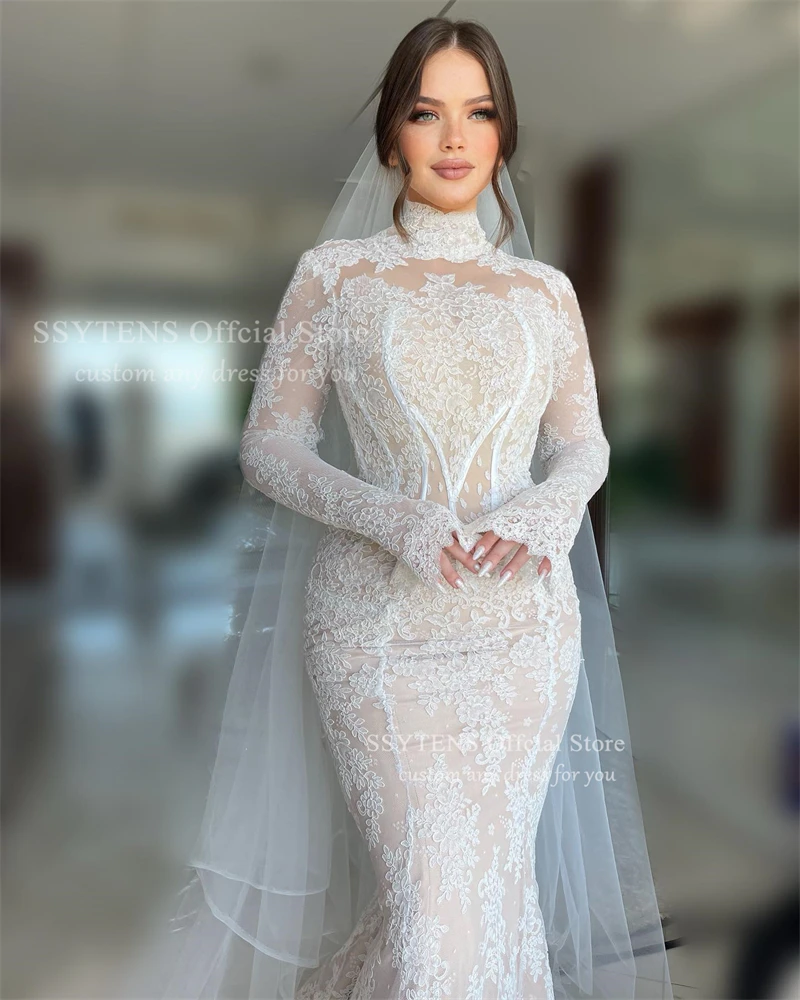 SSYTENS Spitze Brautkleider High Neck Lange Meerjungfrau Braut Kleid Saudi-Arabien Brautkleid Angepasst Luxuriöse vestidos de novia
