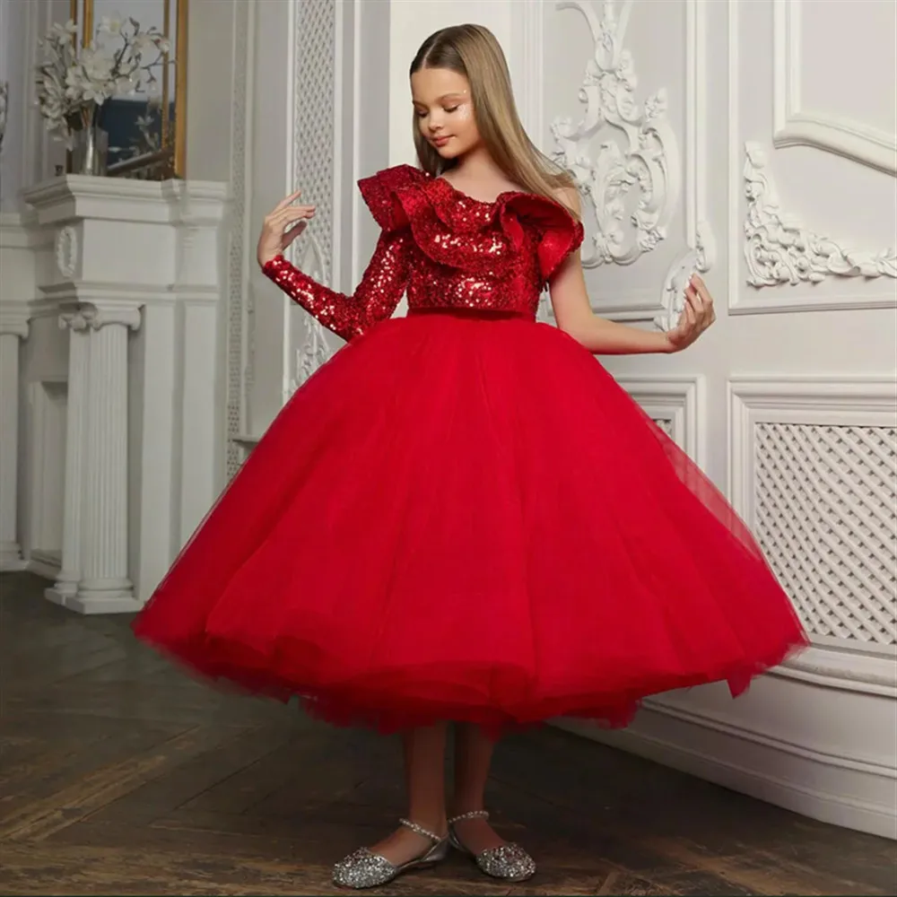 

Red Flower Girl Wedding Dress One Shoulder Long Sleeve Sequined Children Birthday Party Dress Customized First Communion Gown