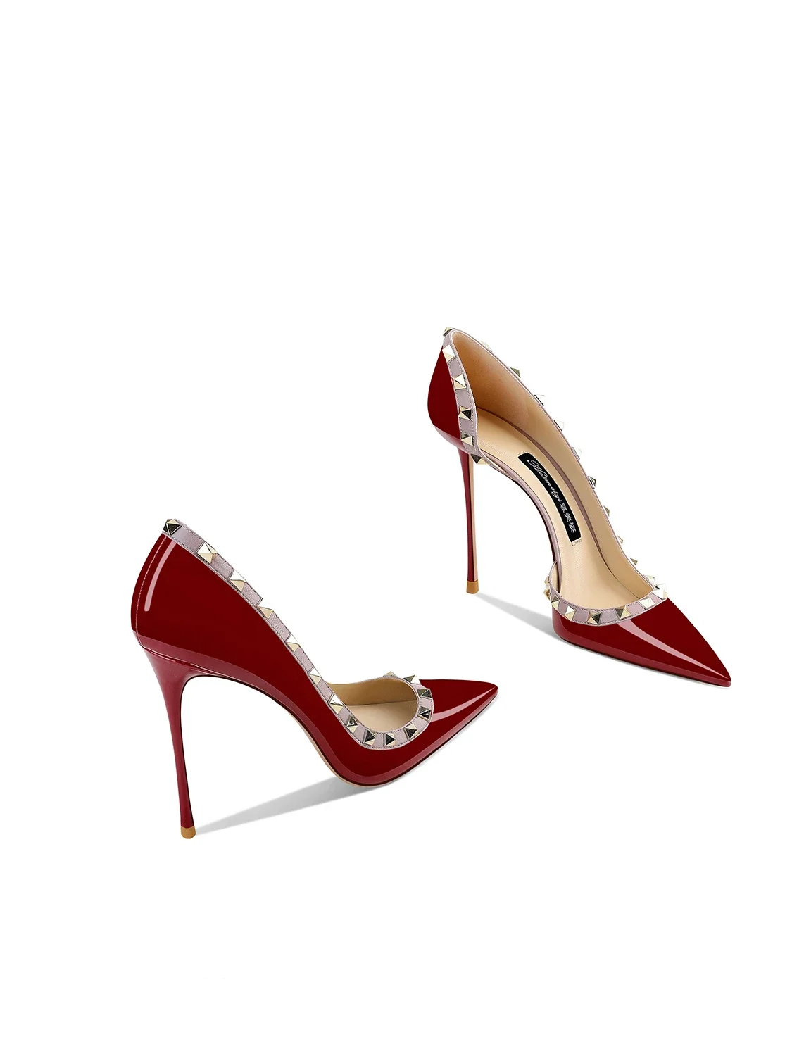 2025 Spring Burgundy Rivet Pointed Stiletto High Heels Children Super Shallow Mouth