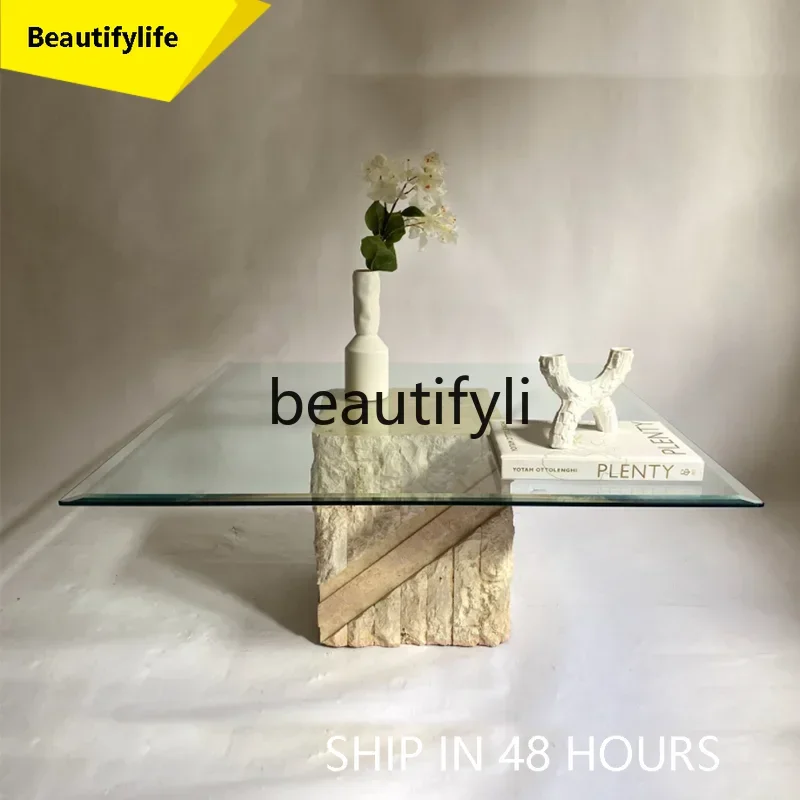 

smt1 Designer natural travertine coffee table art, broken effect, tempered glass coffee table, small apartment customization