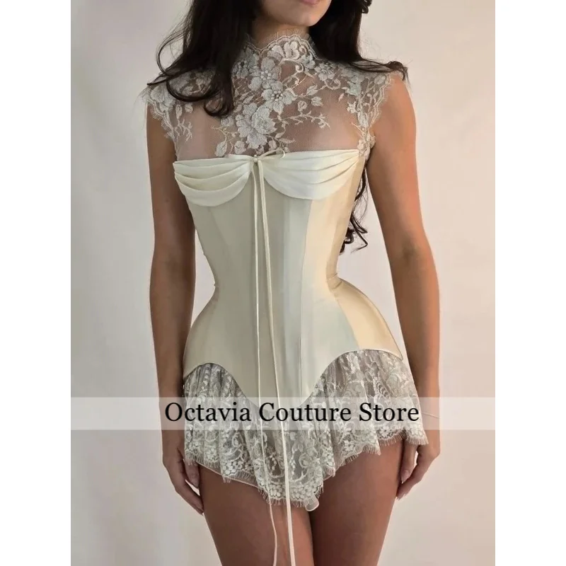 Custom Ivory High Neck Evening Dress Floral Lace Sheer Corset Prom Dresses Mini Vestidos De Noche Ruffle Formal Evening 2026