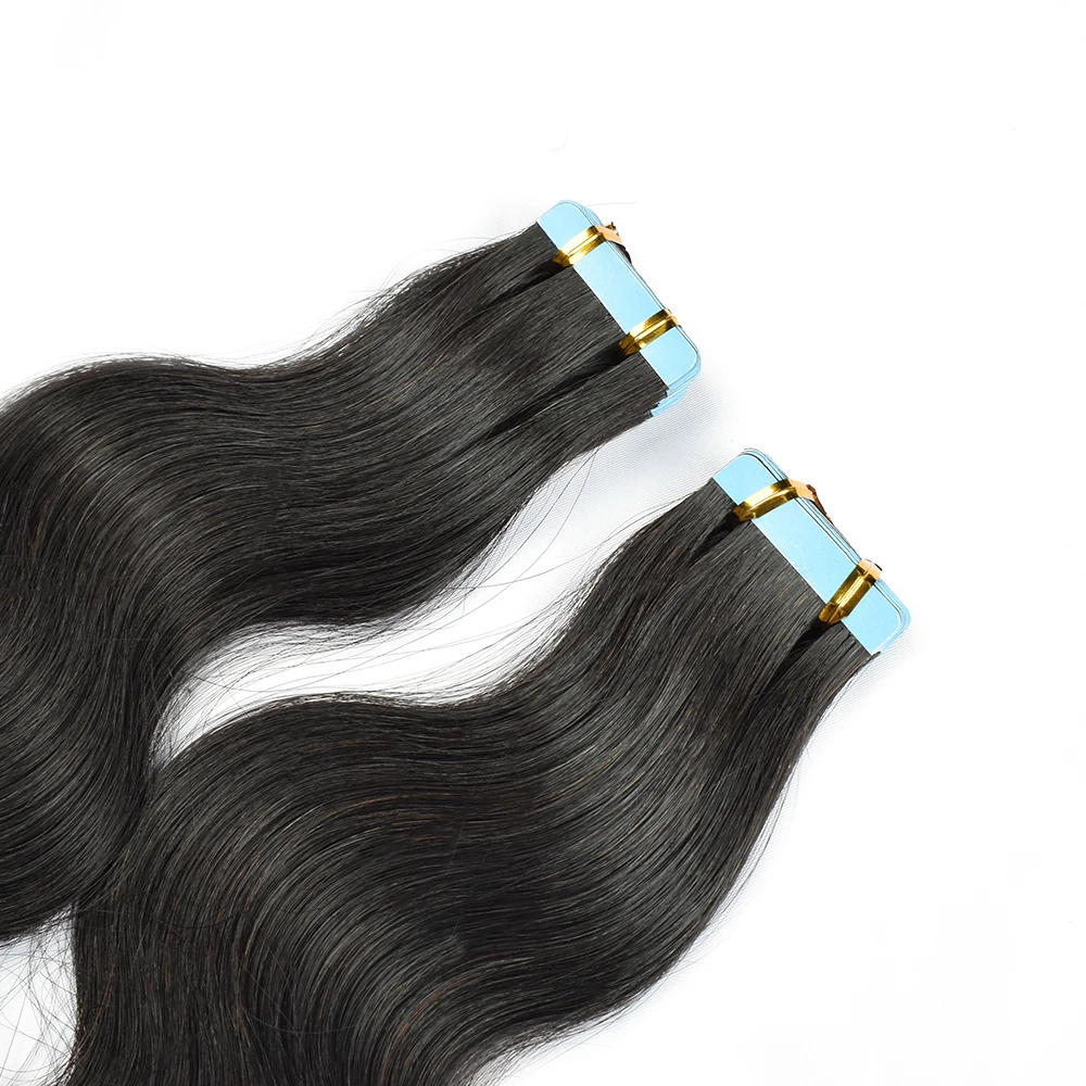 Extensiones de ondas corporales de cabello humano 100% Remy Real, pegamento adhesivo de trama de piel para salón, alta calidad para mujer, 1B