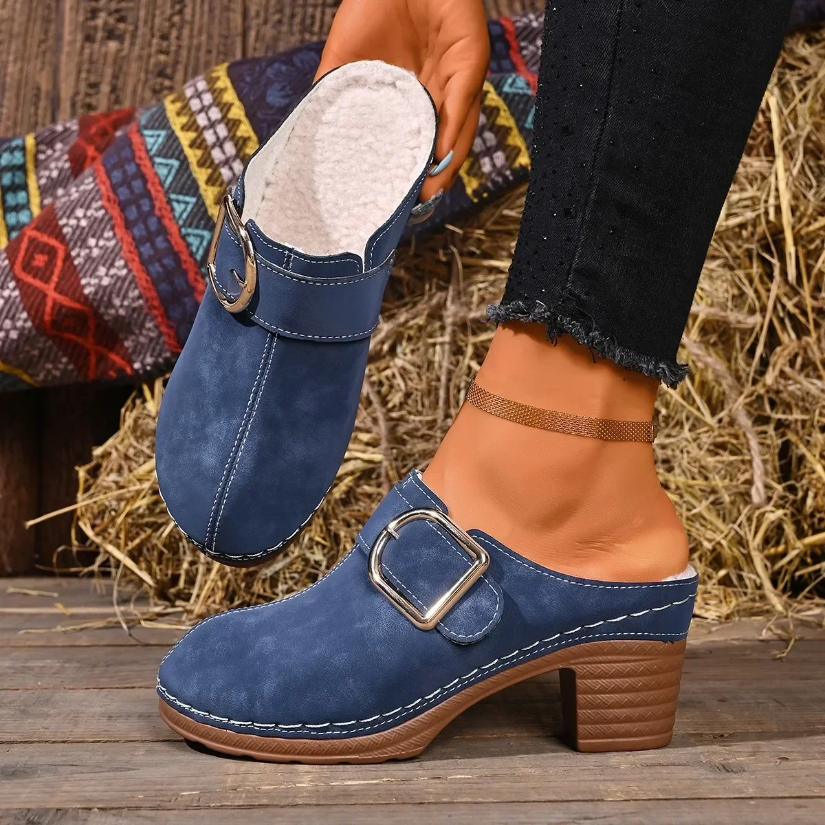 Women Mules Slippers Chunky Heel Clogs Closed Toe Slippers Slip on Casual Sandals Comfortable Walking Shoes Home Slides Women