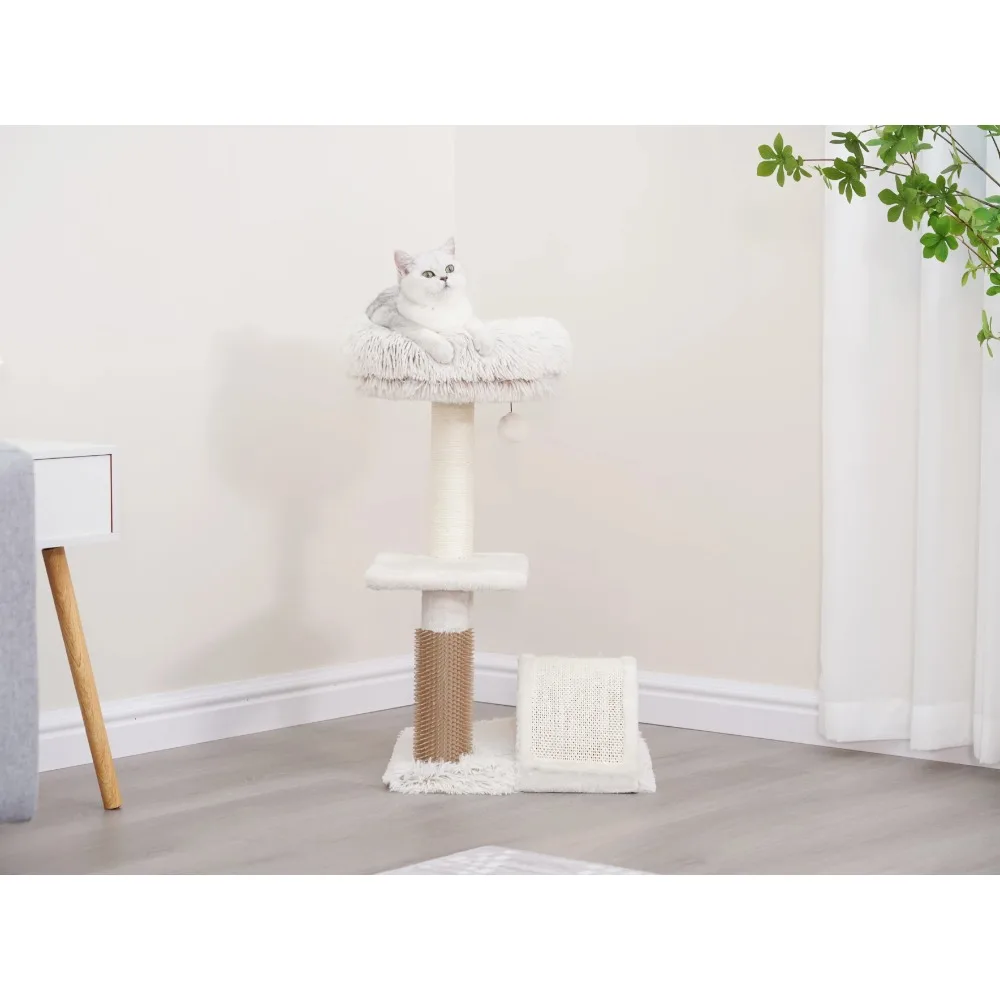 

3-Level 27.8" Tall Cat Tree with Scratching Arc, Full Body Groomer, Cream, Engaging teaser cat toy for active playtime