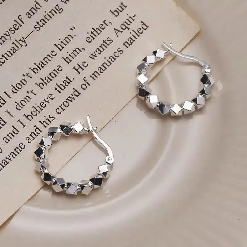 1 Pair 925 Silver Small Block Ear Buckle Trendy Simple Hoop Earrings For Women Party Fine Jewelry Gifts