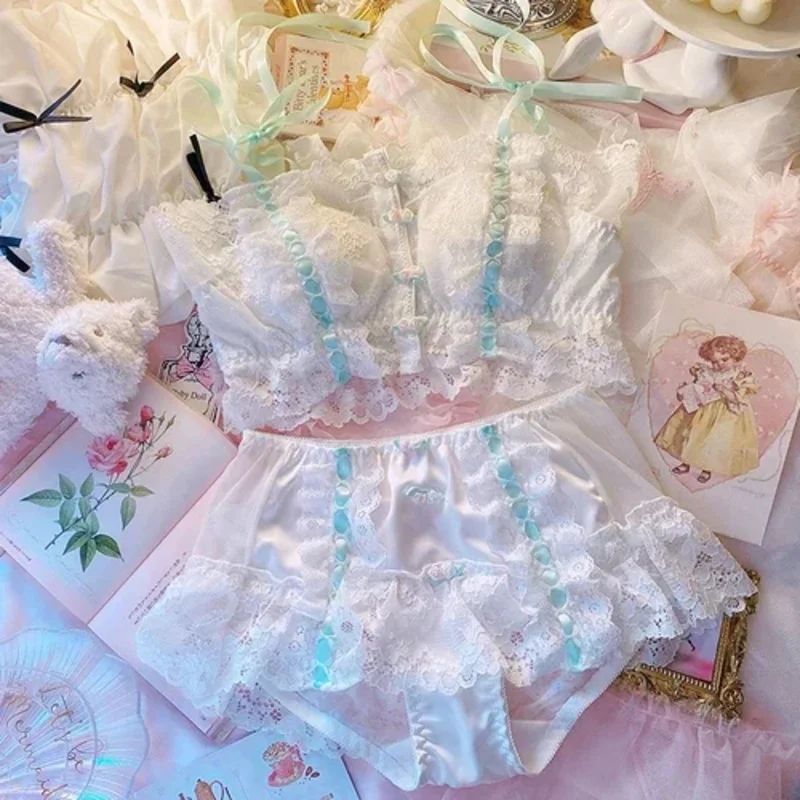 Conjunto lingerie sexy para mulheres, sutiã e calcinha, flores de fivela frontal, roupa íntima de algodão, renda vintage, menina lolita, sutiãs kawaii