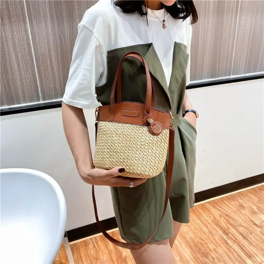 

Faashion Straw Beach Bag Vintage Handmade Ladies Shoulder Bags Designer Strap Handbag Pu Patchwork Messenger Crossbody Bag