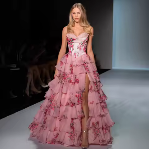 Elegant Evening Dress Tiered Cake Skirt Banquet Formal Party Gown Layered Ruffle Design Voluminous Silhouette Feminine Wedding