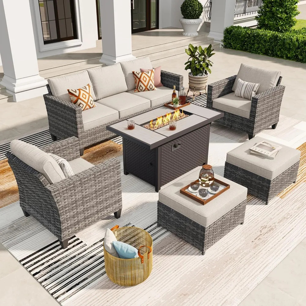 6 Pieces Patio Furniture Set , Outdoor Wicker 3-Seat Sofa with Comfy Cushion, High Back Rattan Conversation Set