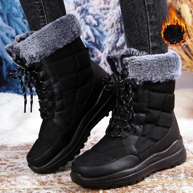 

Зимние плюшевые теплые зимние ботинки для женщин, модные непромокаемые ботинки на платформе со шнуровкой, женская удобная нескользящая обувь на плоской подошве, хлопковая обувь
