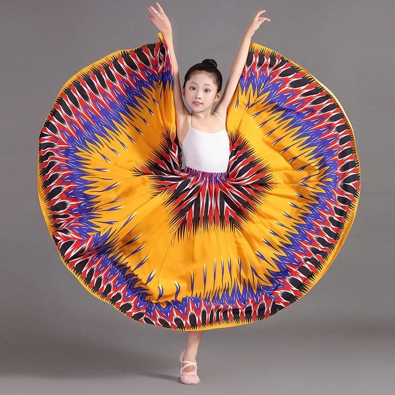 Kid Girl Opening Dance Bullfighting Flamenco Skirts classical dance Butterflies & Ears of wheat printed Performance Stage skirt