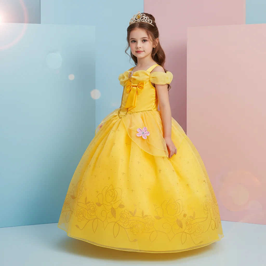 Vestido de Princesa de Tul Suave con Mangas de Alas de Ángel, Disfraz de Niña con Flores Doradas, Costuras Duraderas para Carnaval y Fiestas de Cumpleaños