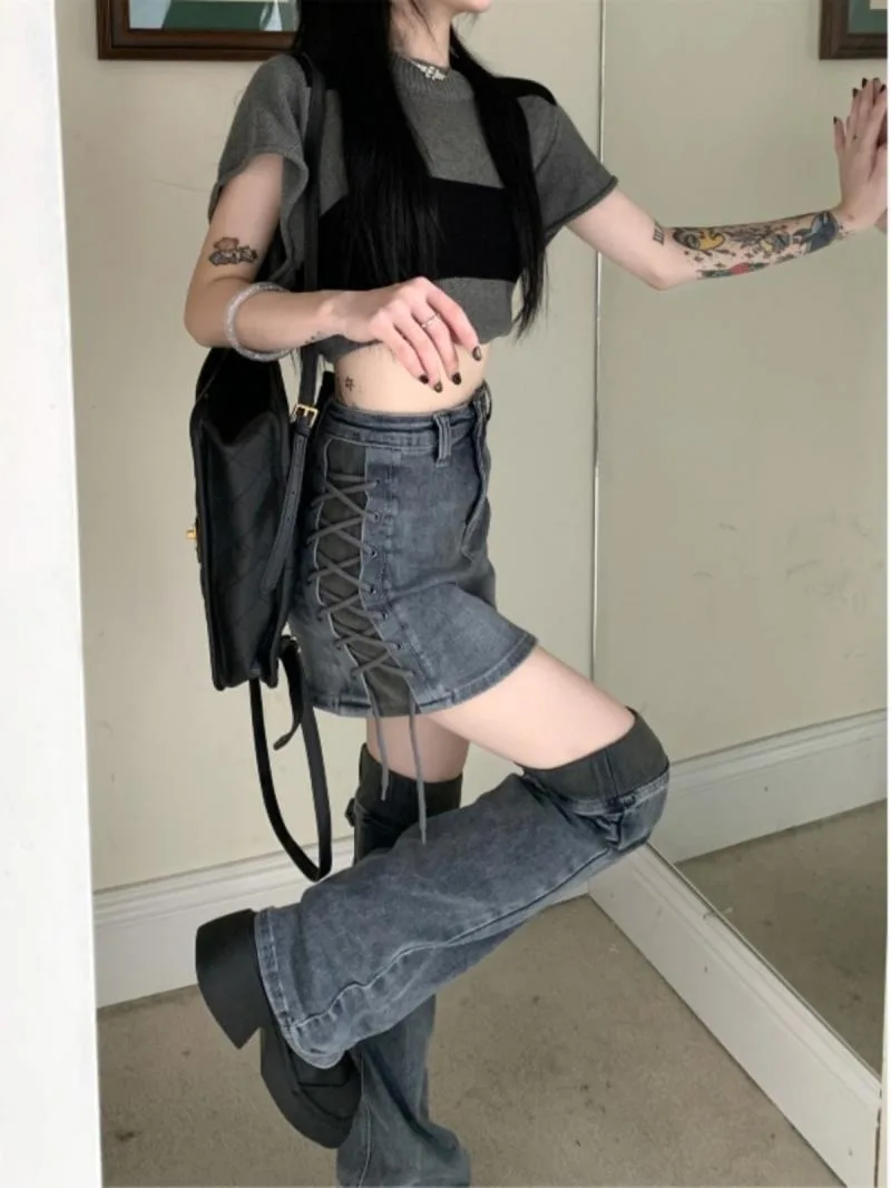 

Fashion Korean Side Cross Lace Up Design Denim Skirts Y2k Aesthetic Accessories Punk Leg Warmers High Street Cool 2 Piece Sets