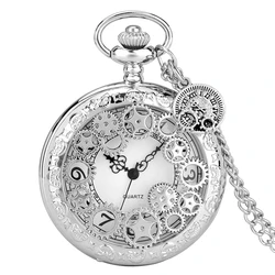 Neue Mode Silber Hohl Räder Design Sterne Halskette Quarz Taschenuhr Pullover Kette Anhänger FOB Uhr mit Getriebe Zubehör