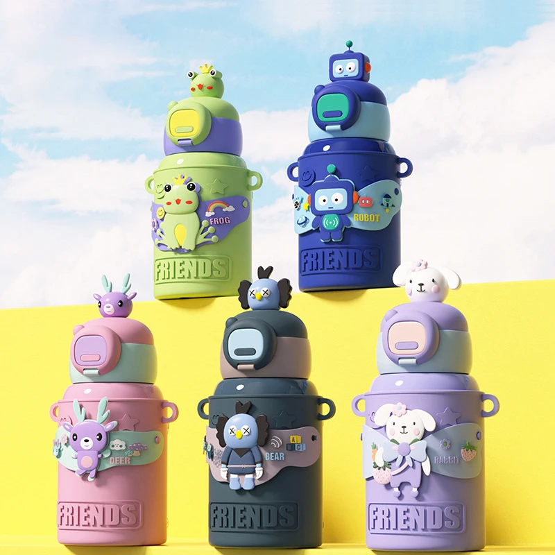 

450ml Cartoon Stainless Steel Insulated Water Bottle with Silicone Sleeve Vacuum Flasks Cup for Students Thermos Mug Kids Gift