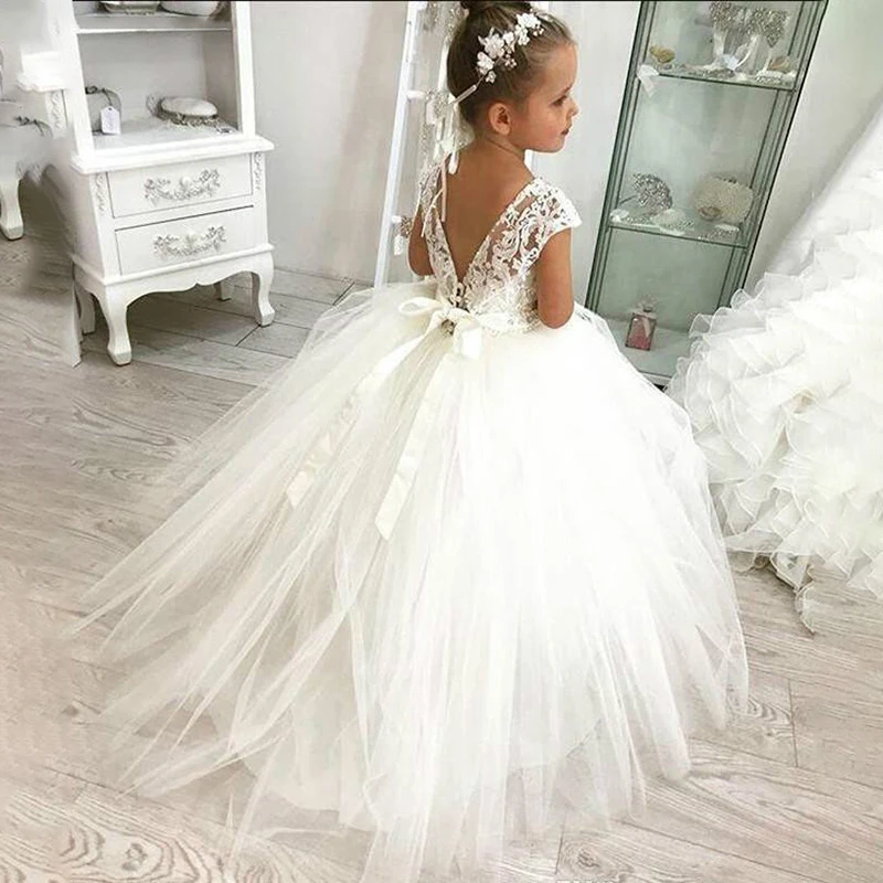 

Flower Girls Puffy Tulle Pricess Beading Wedding Party Dress Custom Made Appliqued Backless Ribbon First Communion Ball Gowns