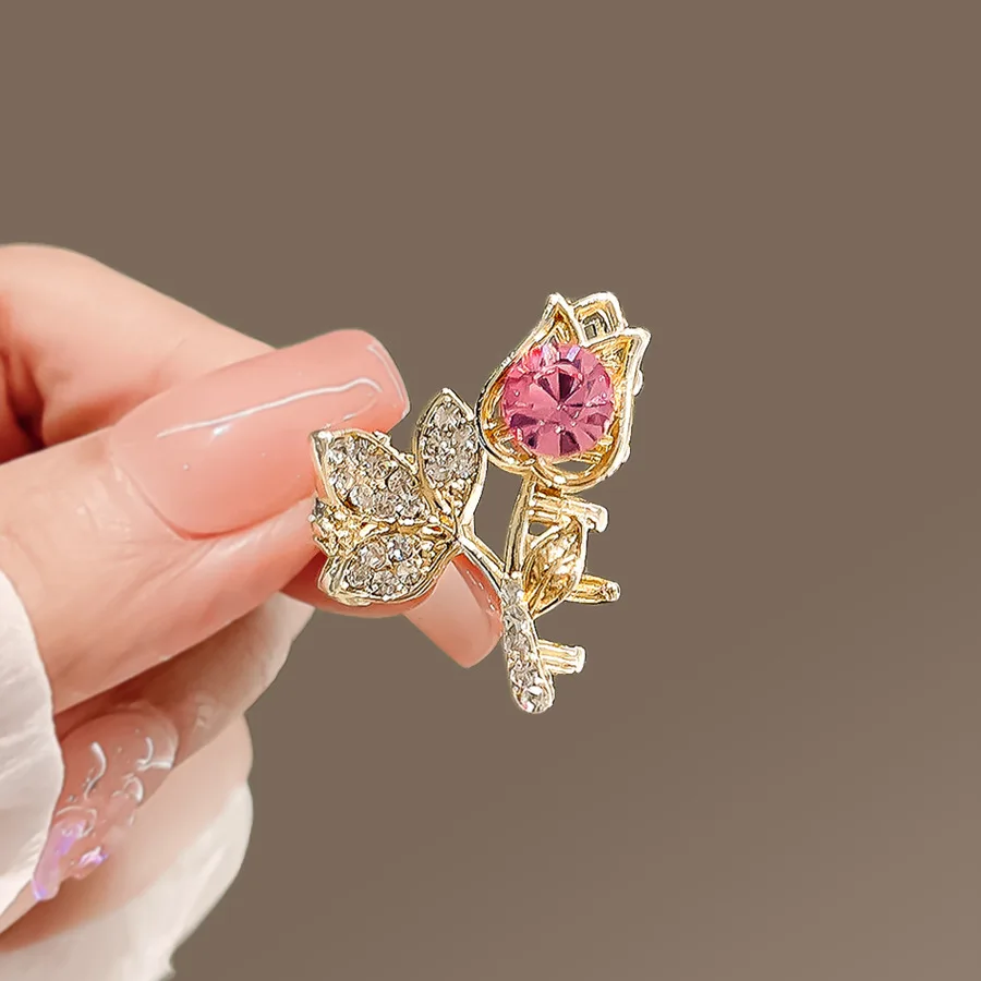 مشبك صغير من زهرة التوليب الرائعة من حجر الراين للنساء ، دبوس الجبين ، دبوس شعر الأميرة ، مشبك جانبي معدني جديد ، أغطية الرأس #1