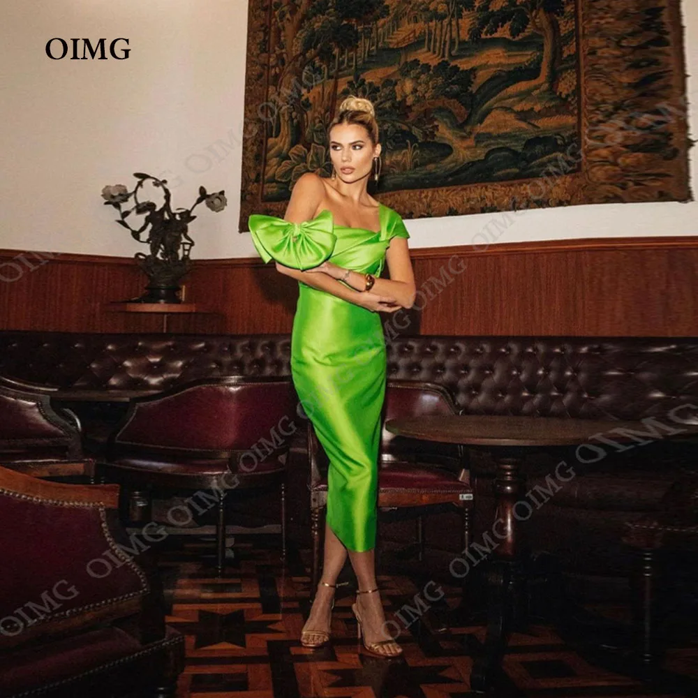 

OIMG Hot Green Satin One Shoulder Prom Dress Off Shoulder Short Beach Formal Cocktail Night Evening Dress Vestido Longo Feminino