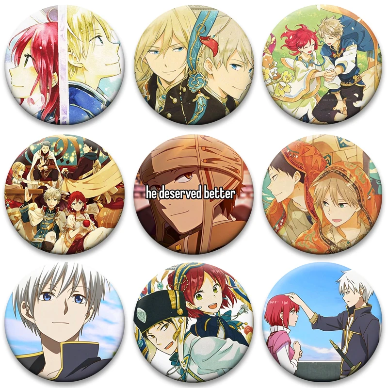 Anime Snow White with The Red Hair Snap-in Brooch Shirayuki Obi Zen Wistalia Kiki Lapel Pin Creative Badge for Clothes Bag Decor