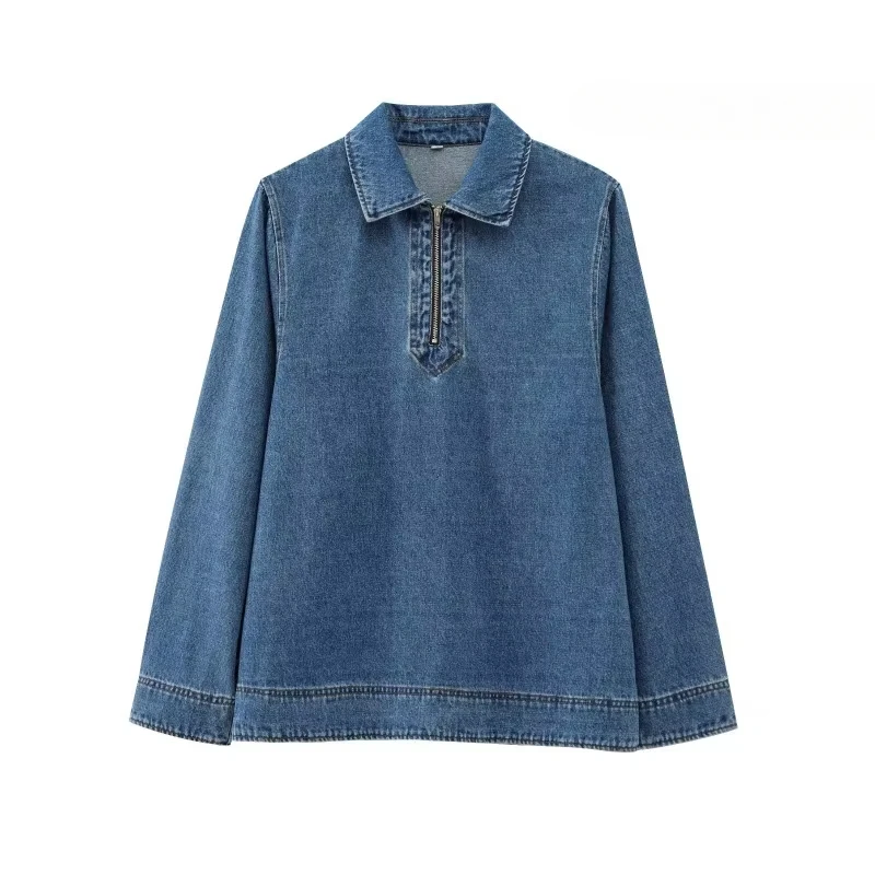 

TRAFZR Vintage Blouse Blue Basics Denim Zipper Blouse Long Sleeve Shirt Autumn Women's Shirt Elegant Women's Luxury Blouses