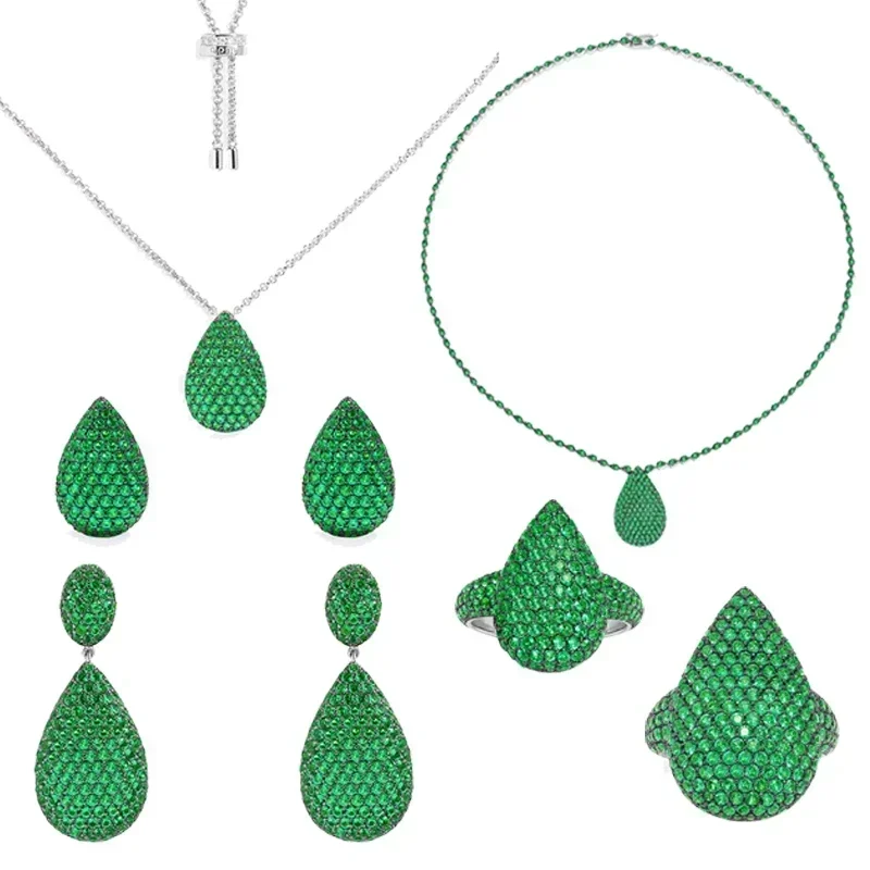 

Jewe November S925 Sterling Silver Green Droplet Adjustable Necklace Earring Ring Women's Advanced Fashion Jewelry Birthday Gift