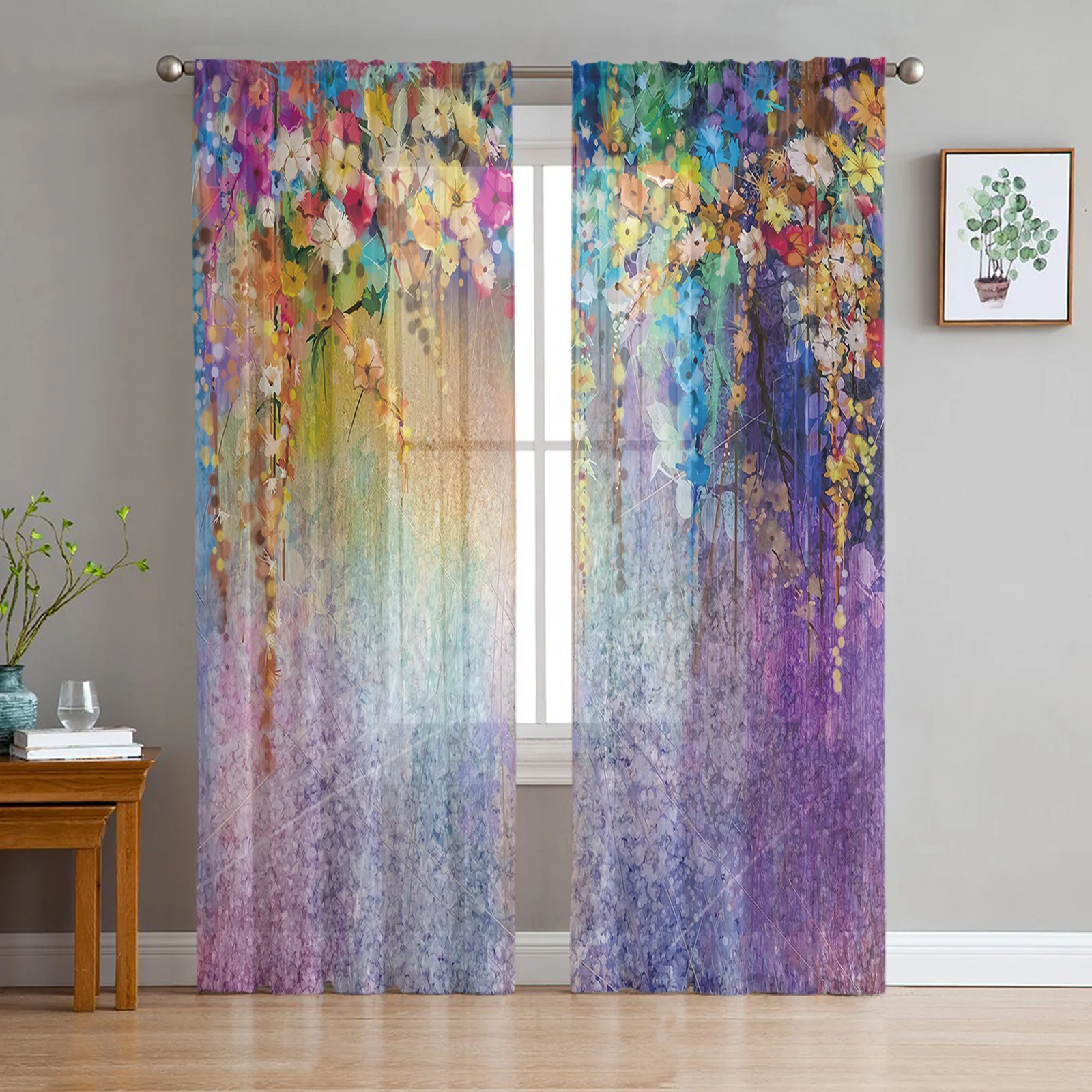 Spring Vine Small Flowers Shrub Blue Purple Voile Tulle Sheer Curtains for Bedroom Living Room Kitchen Decor Window Curtain