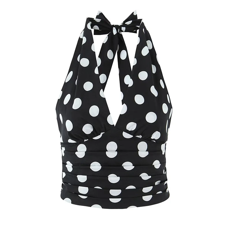 

YENKYE 2026 Women Black White Polka Dot Halter Tops Sexy Backless Fit Slim Holiday Summer Crop Top For Beach Party Streetwear
