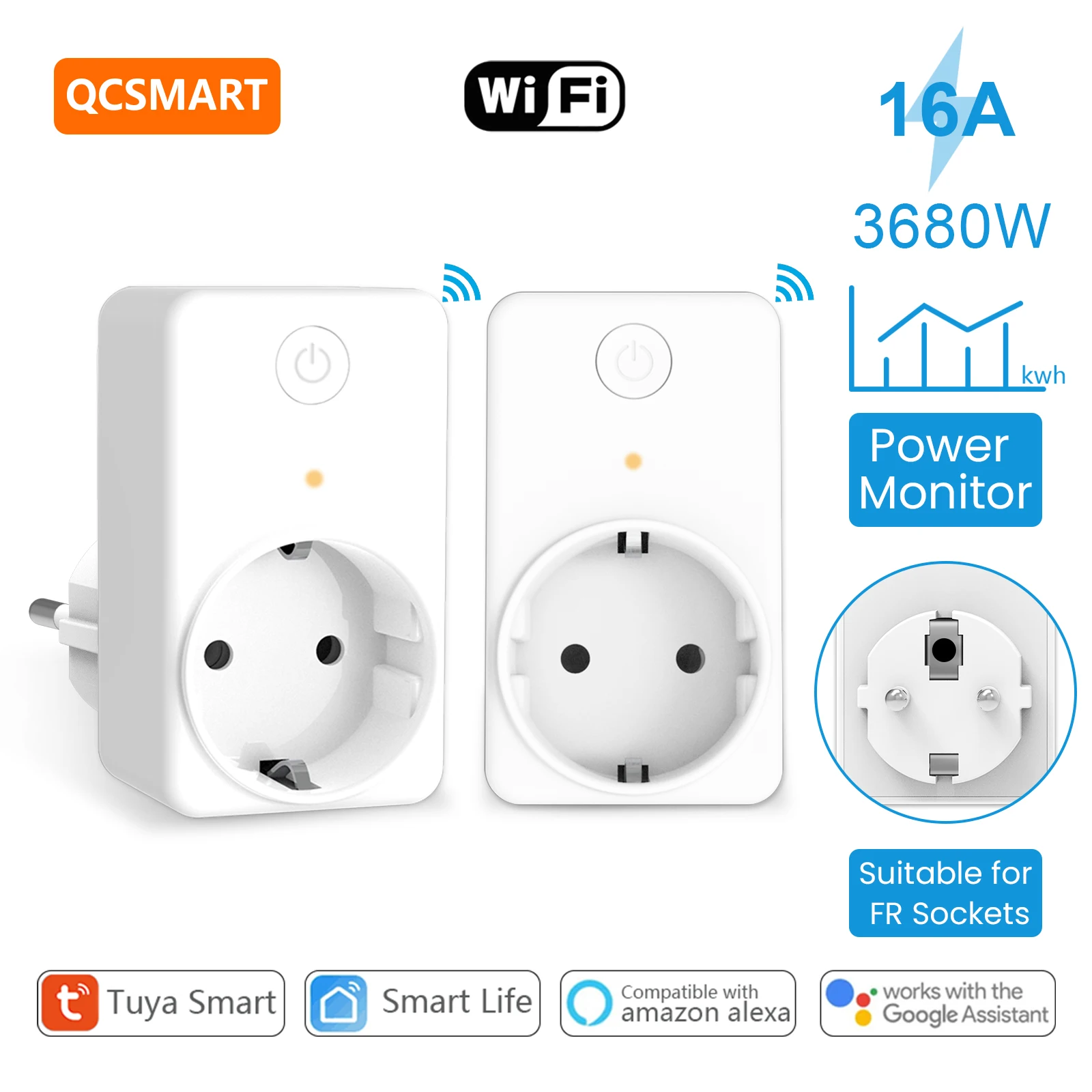 QCSMART Tuya Smart Life Outlet Socket EU Plug Moblile App Power Monitor Remote Voice Control Google Assistant Alexa Echo