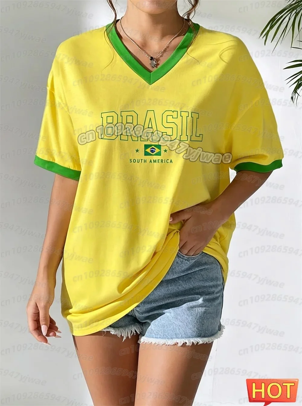 Neues Brasilianisches T-Shirt Sommer Damen V-Ausschnitt T-Shirt Brasilianisches Fußball-T-Shirt Gelb Farbverlauf Damen Herren Schnelltrocknende Oberteile – Detail 8