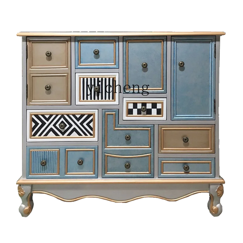 

Zc Solid Wood Country Locker Vintage Painted Curio Cabinet Living Room Partition Multi-Drawer Cabinet