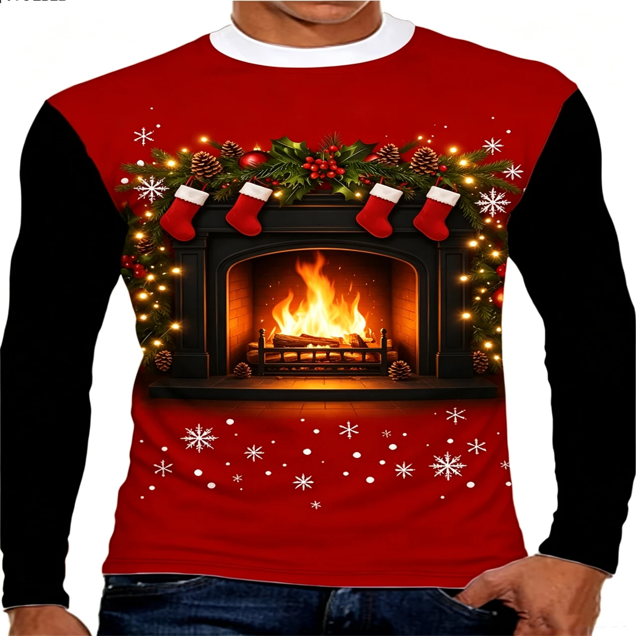 Christmas Men Fake Suit Long Sleeve T-shirt 3D Printed Bow Tie Holly Snowflake Xmas Party Casual Tops